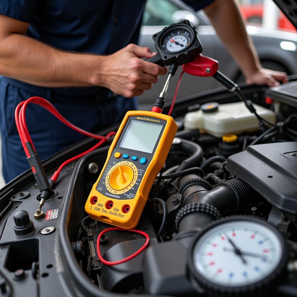 Mechanic Diagnosing a 2002 Ford Crown Victoria Using Various Tools