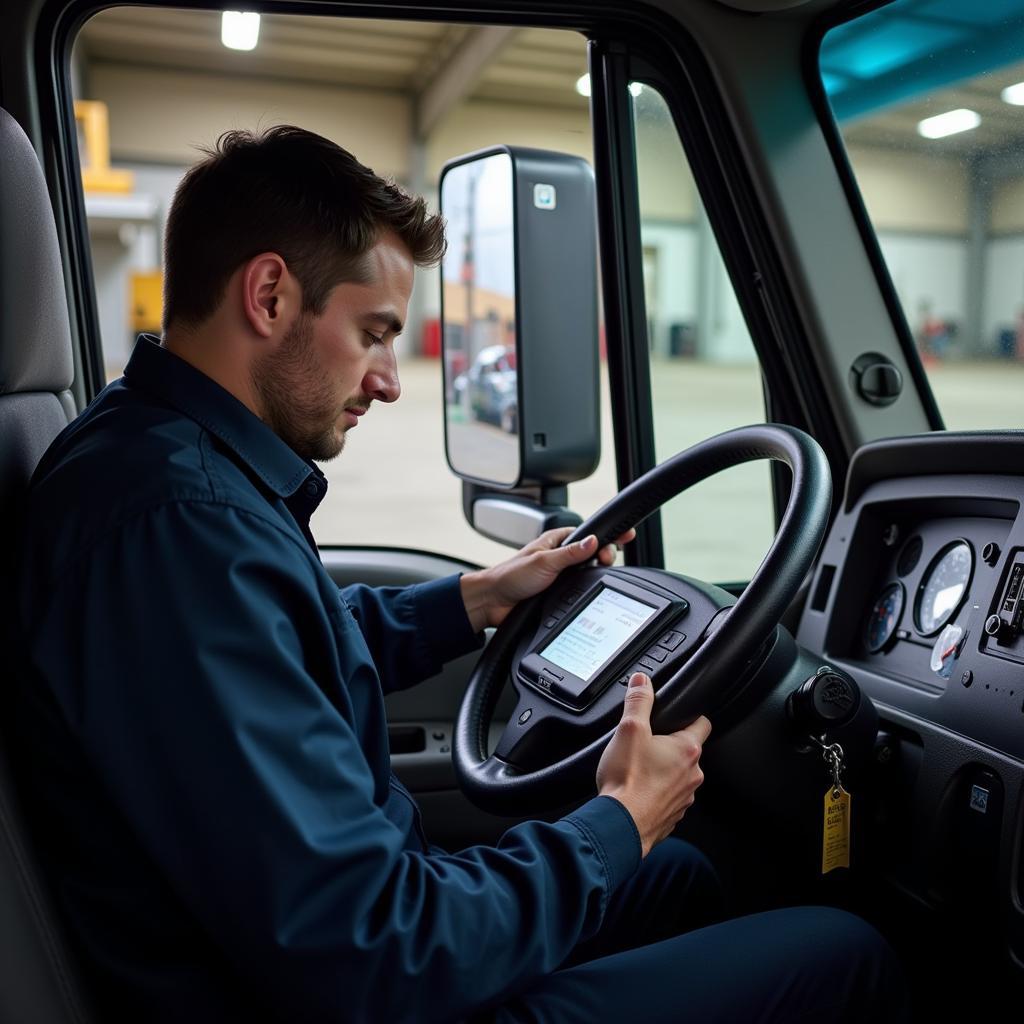 Mechanic Diagnosing a Truck Issue using an SAE J1939 Scan Tool