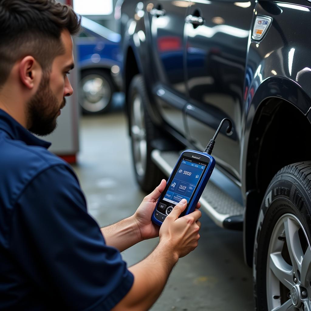 Mechanic Performing a Diagnostic Scan on a Car using Professional Tools