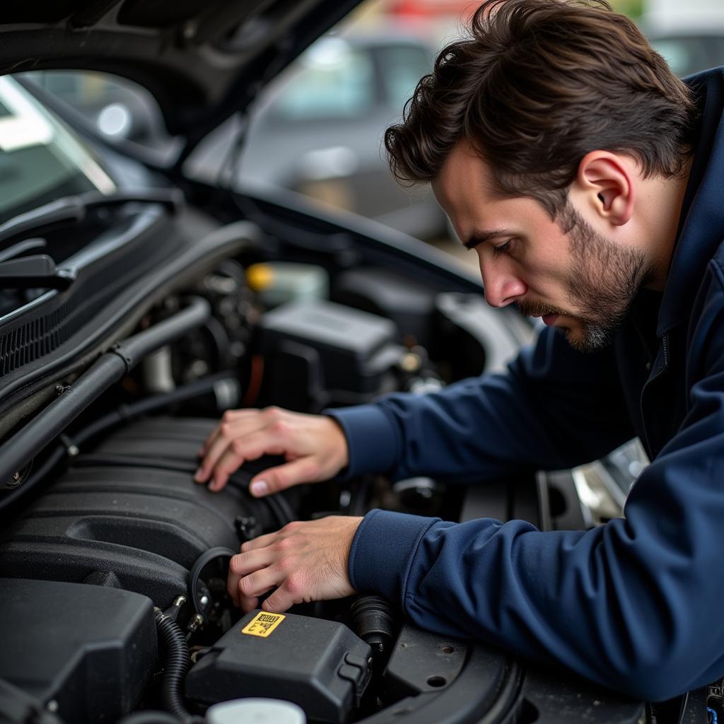 Mechanic Performing a Visual Inspection of a Car Engine