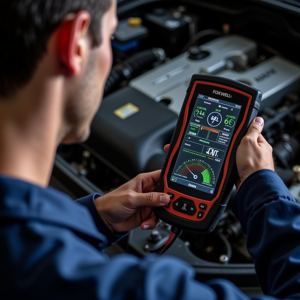 Mechanic Reviewing Foxwell BT100 Test Results