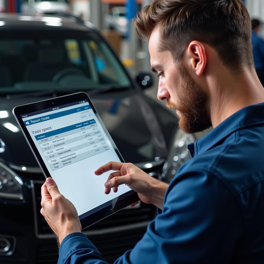 Mechanic reviewing repair order on a tablet