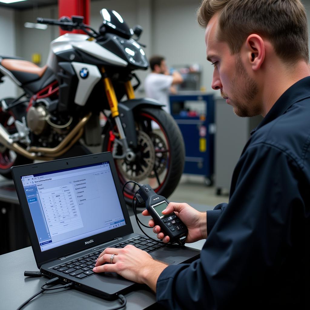 Mechanic Troubleshooting a BMW Motorcycle with MODIC