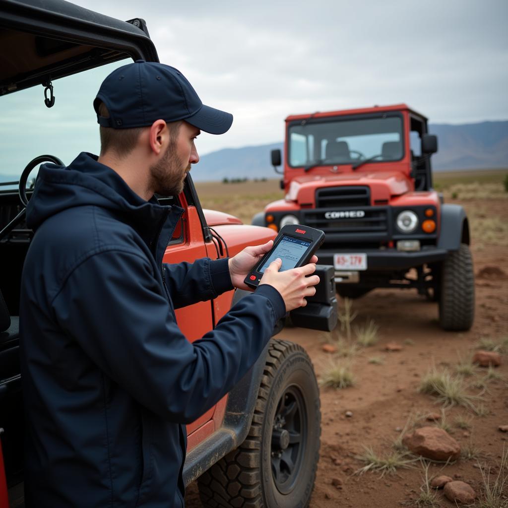 Mechanic Using 4wd Scan Tool on Off-Road Vehicle