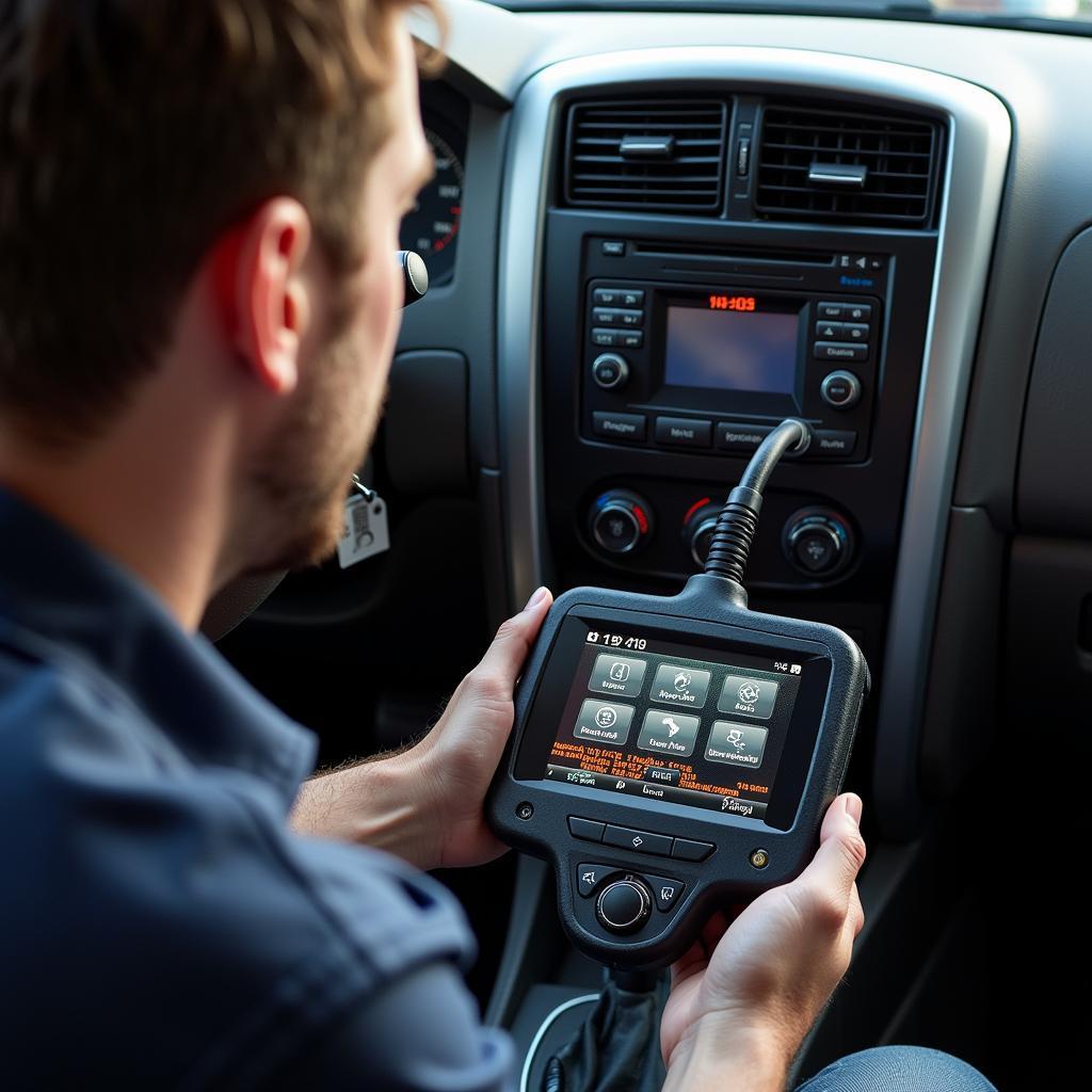 Mechanic Using an Advanced Scan Tool on a 2005 Ford Explorer Sport Trac