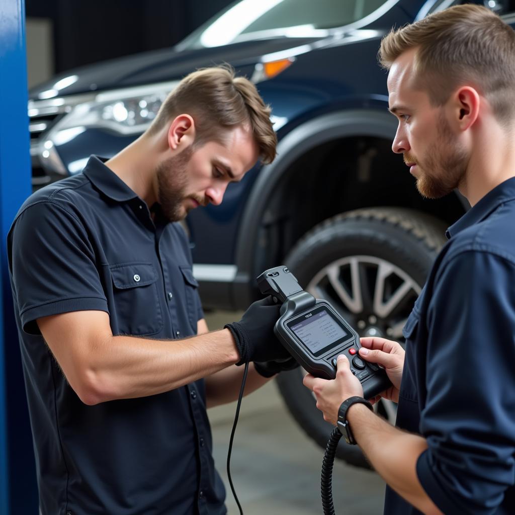 Mechanic using an airbag scan tool to diagnose a car's airbag system