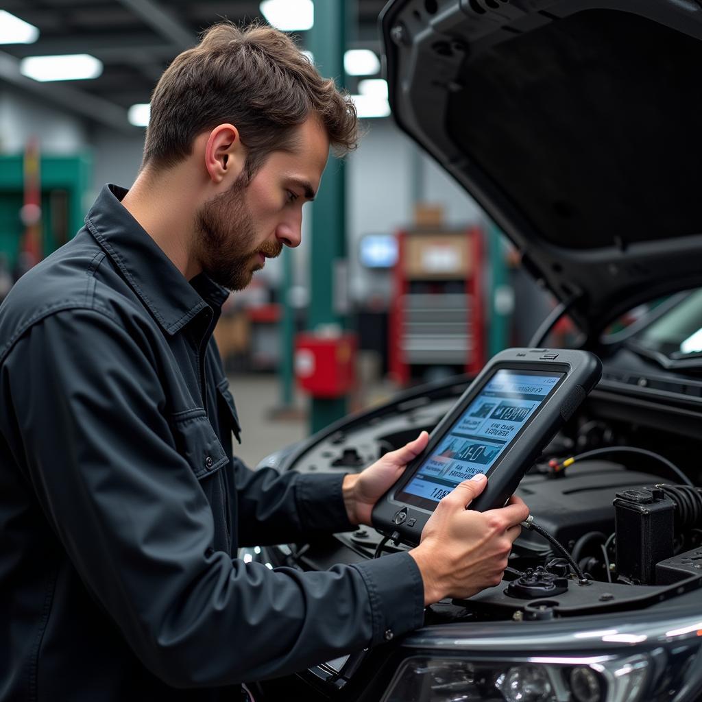 Mechanic Using Ancillary Diagnostic Tool to Diagnose Car Problem