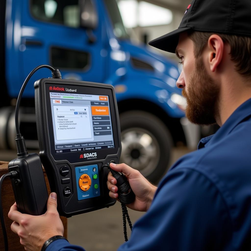 Mechanic Using Ashok Leyland Scan Tool for Diagnostics