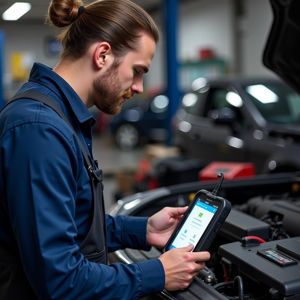 Mechanic Using Autocom Diagnostic Tool in a Workshop