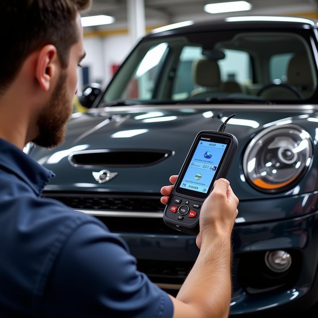 Mechanic Utilizing a Bavarian Technic Scan Tool for Diagnostics