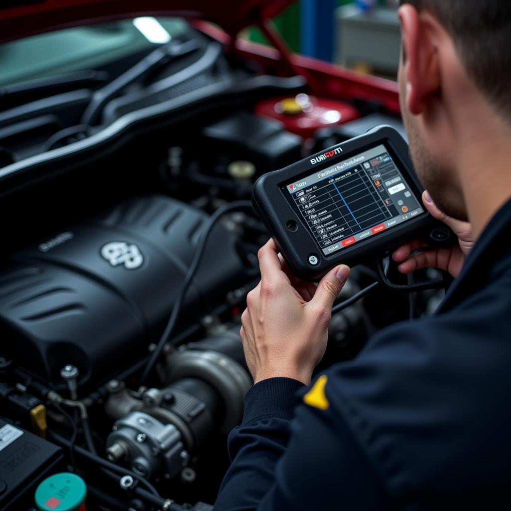 Mechanic diagnosing engine issues with a bi-directional scan tool