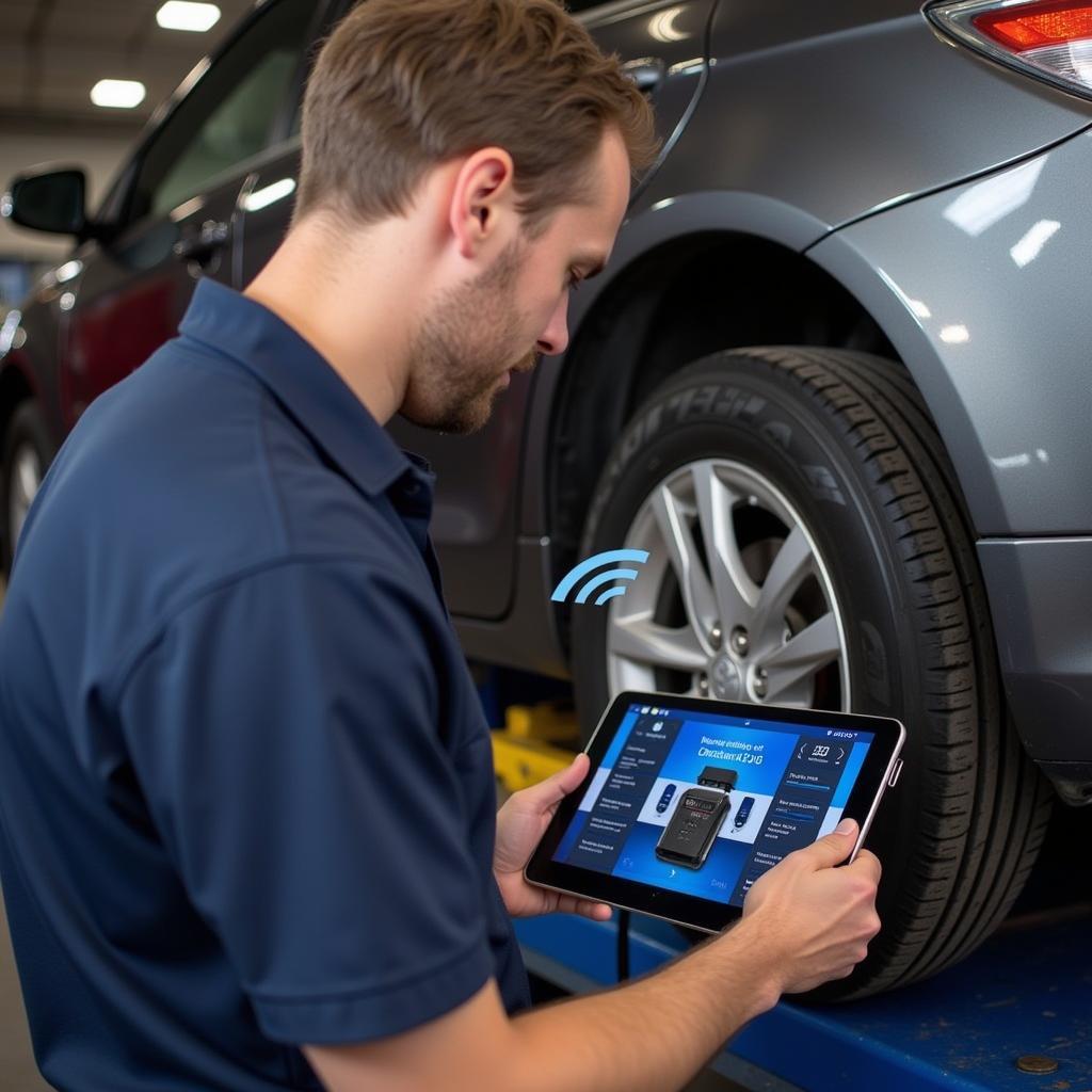 Mechanic Using Bluedriver Pro in Workshop