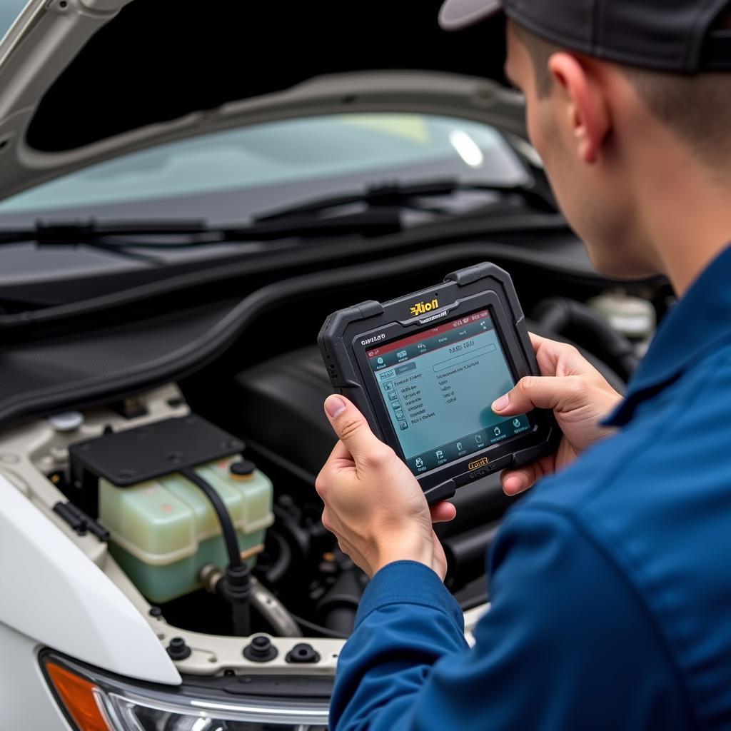 Mechanic using a CAN OBD II scan tool to diagnose car problems