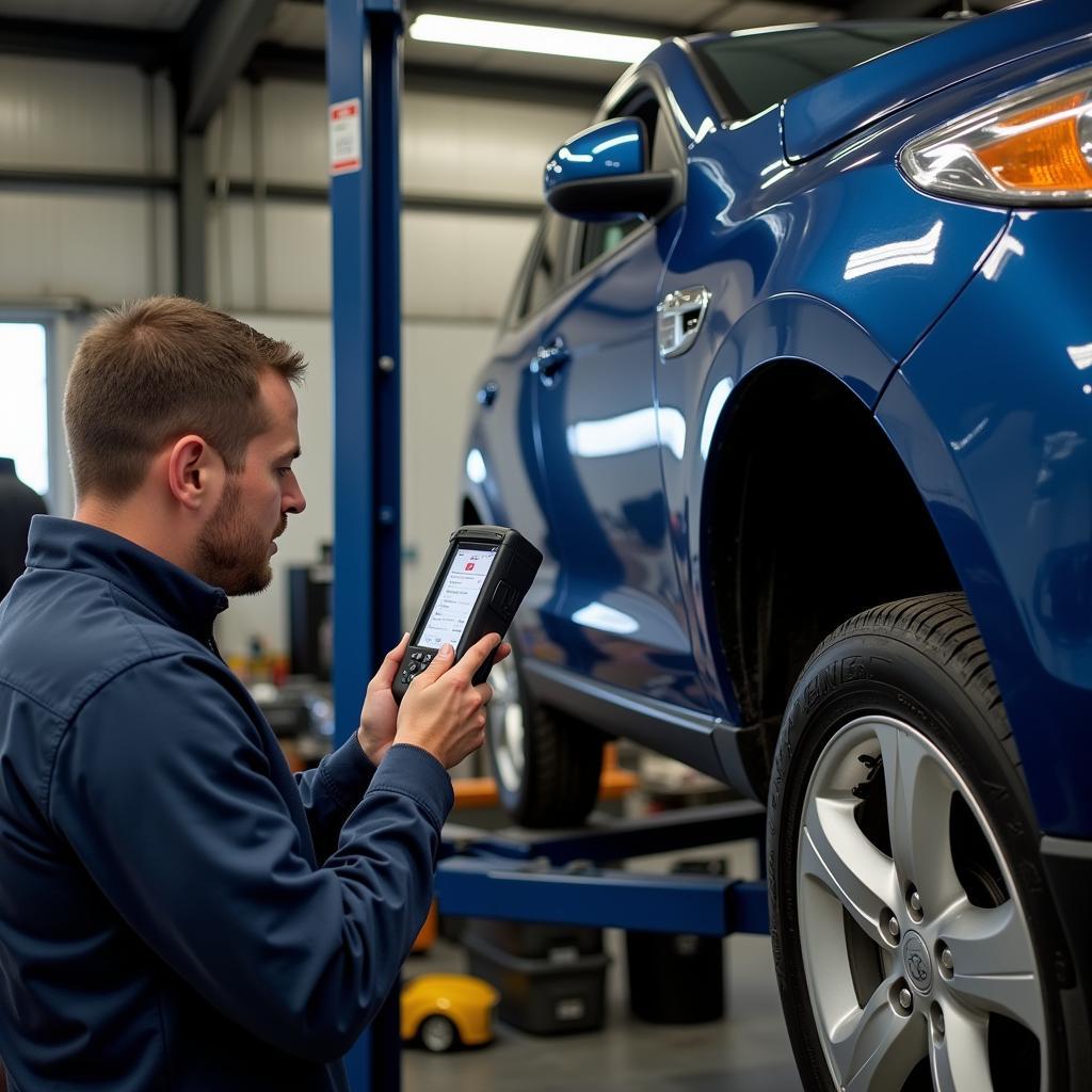 A mechanic in a workshop using the canobd2 diagnostic tool 3020 to diagnose a car.