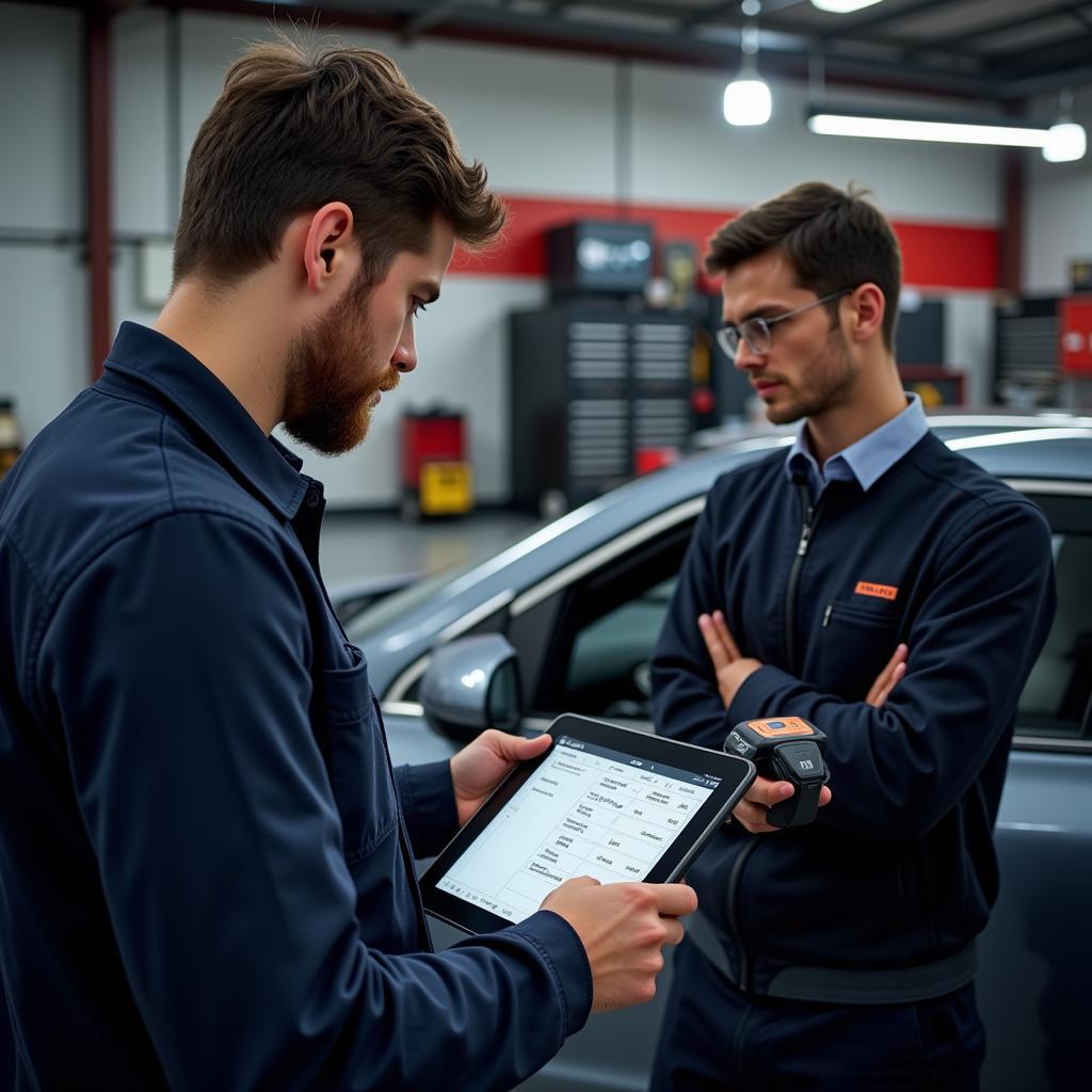 Mechanic Using Car Code Scanner Bluetooth to Diagnose Car Problems