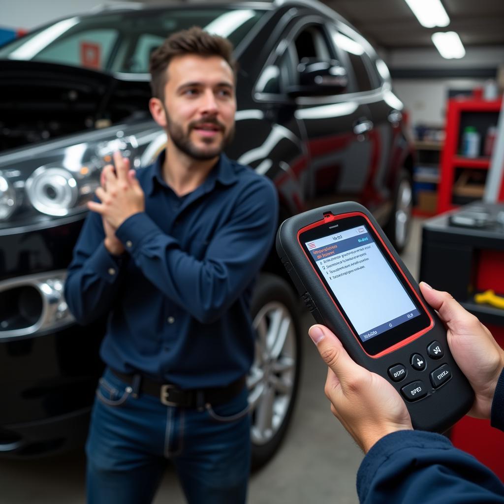 Mechanic Using Car OBD Scanner SRS to Diagnose Airbag Issue