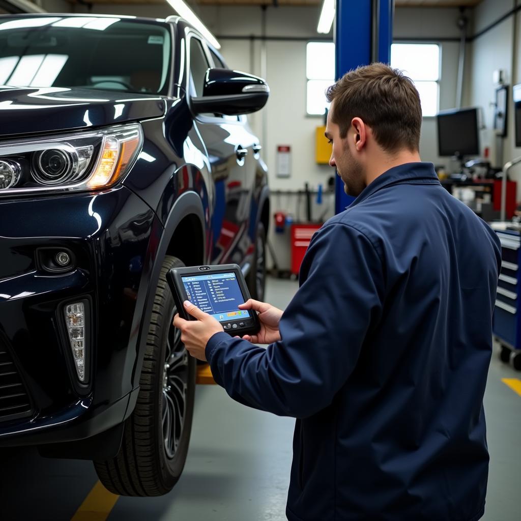 Mechanic using car scanner on vehicle