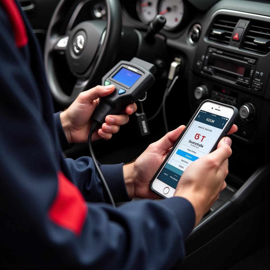 Mechanic using a cars scanner portatil on a car to diagnose issues with cell phone.