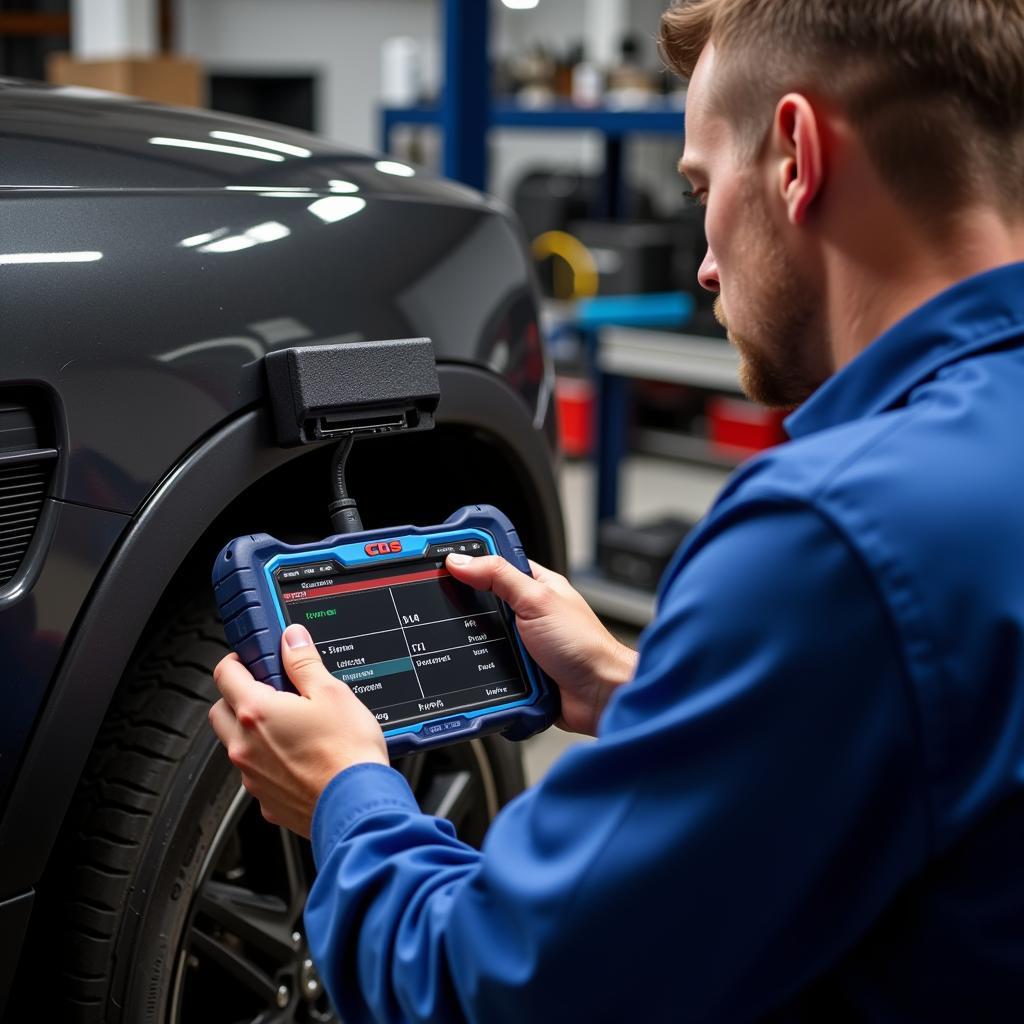 Mechanic Using a CDS Scan Tool in a Workshop