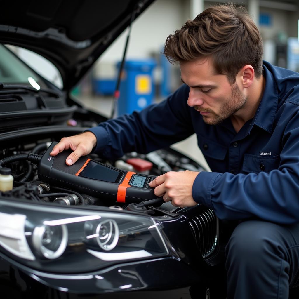 Mechanic Using a Diagnostic Scanner on a Car