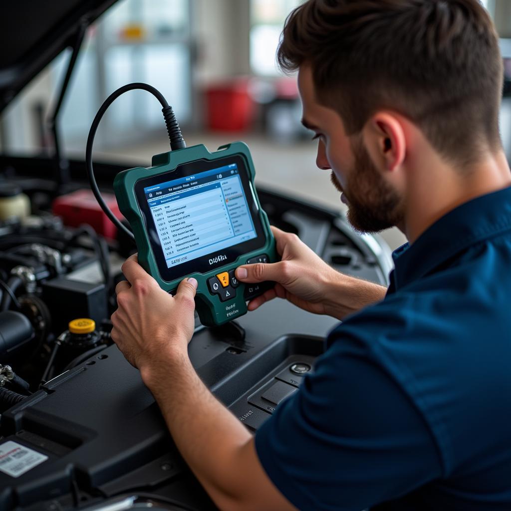 A mechanic using a diagnostic scanner to reprogram a car's computer.