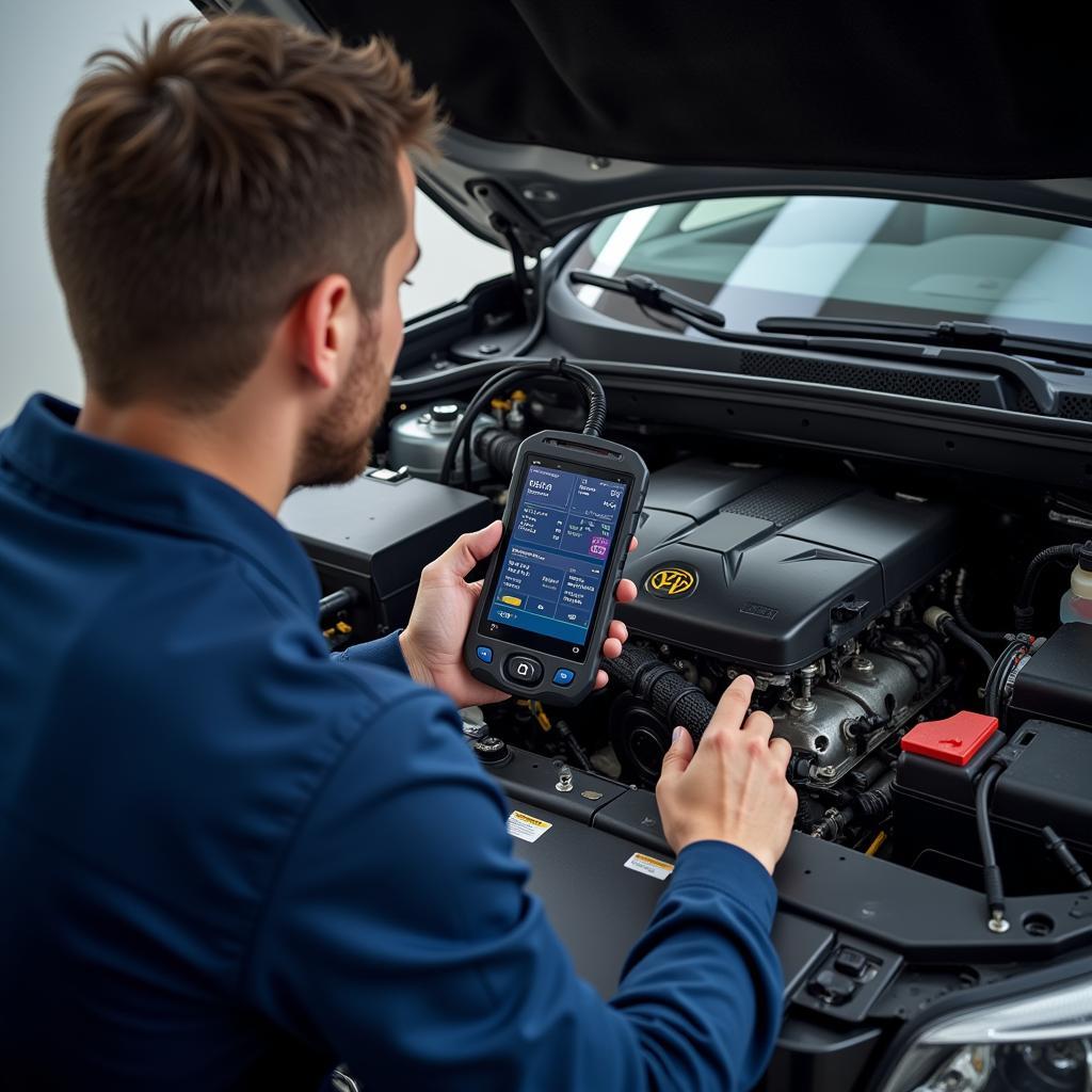 Mechanic diagnosing a car engine using a professional diagnostic scanner