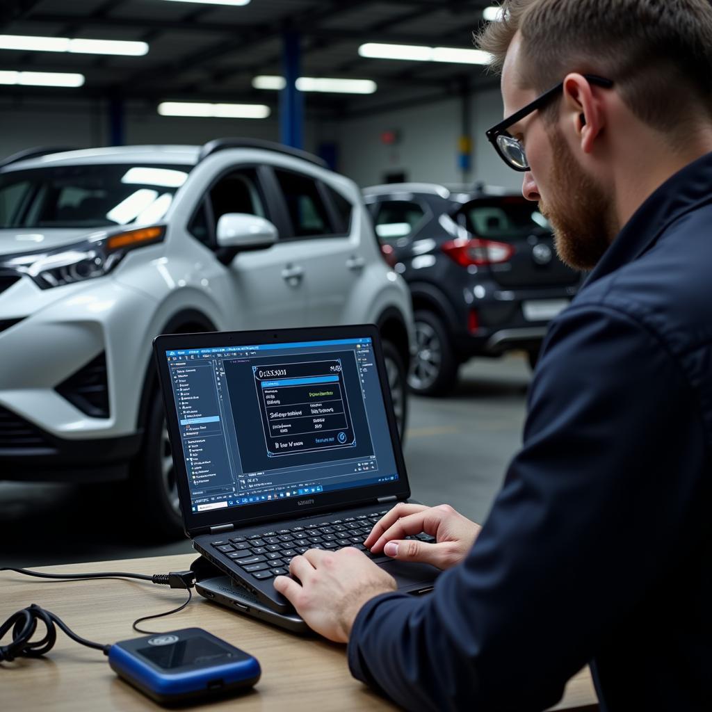 Mechanic using diagnostic software on a laptop