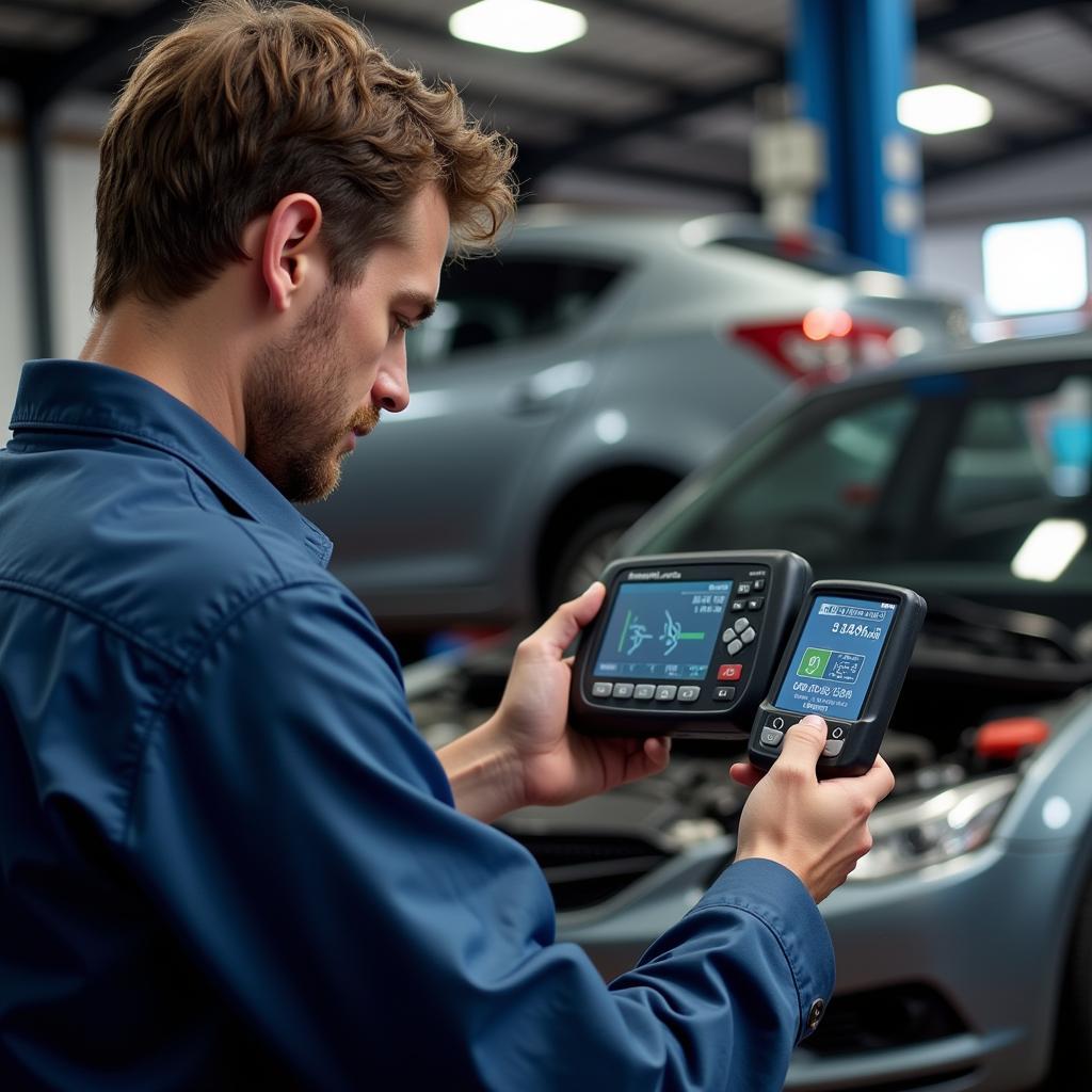 Mechanic using a diagnostic tool on a car