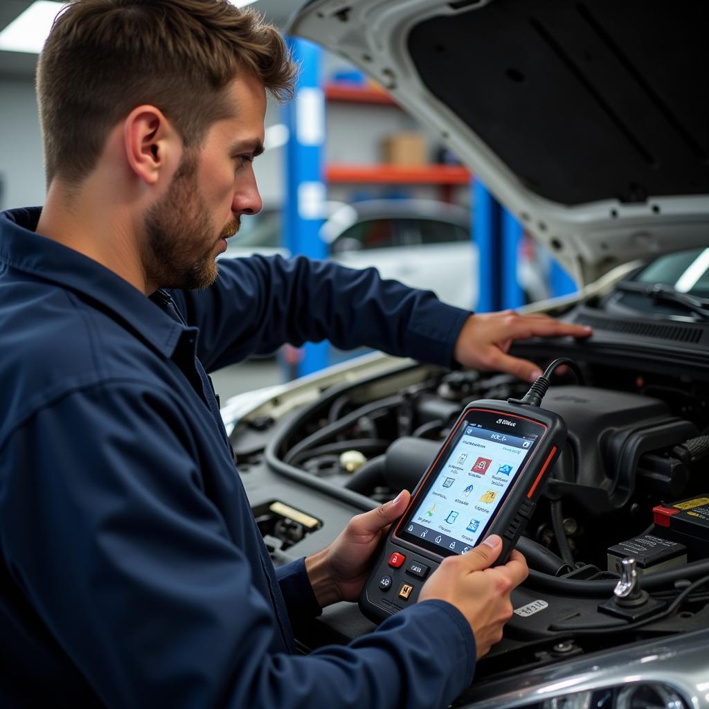 Mechanic Using a Diagnostic Tool on a Car