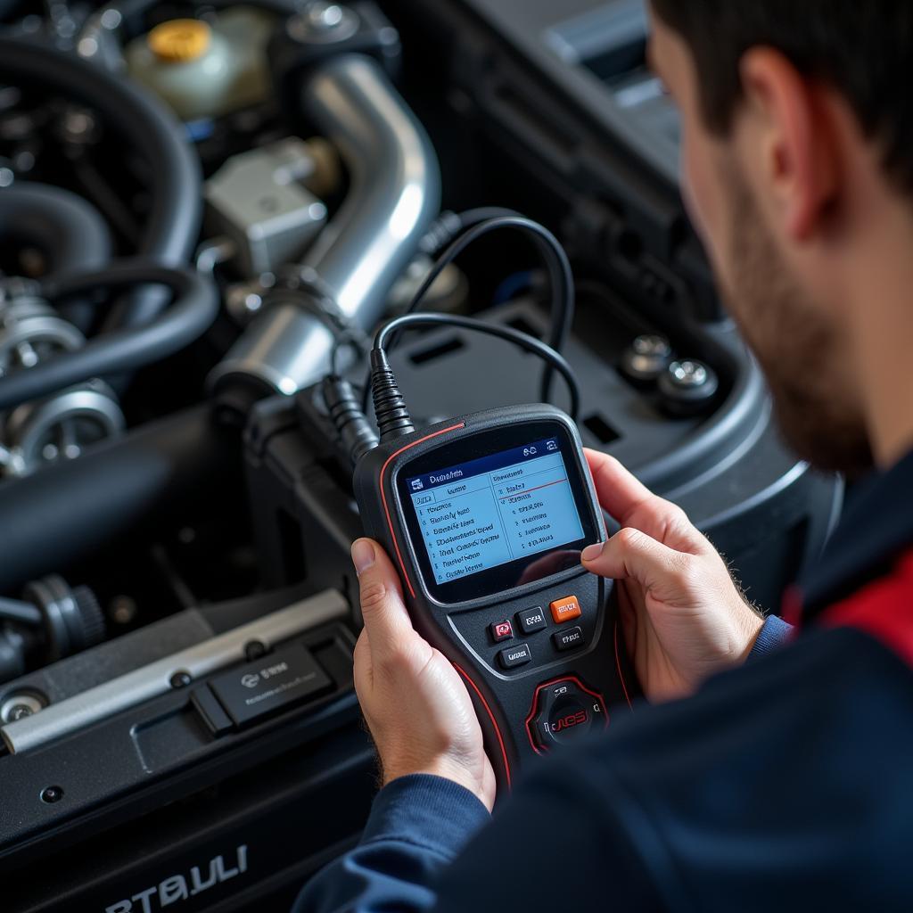 Mechanic Using a Korean Diagnostic Tool on a Vehicle