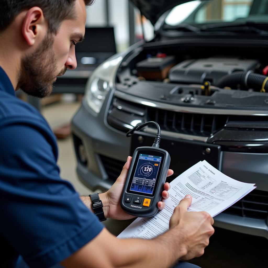 Mechanic Using a Diagnostic Tool on a Car