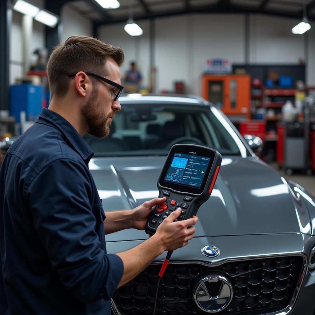 Mechanic Using Diagnostic Tool in Workshop