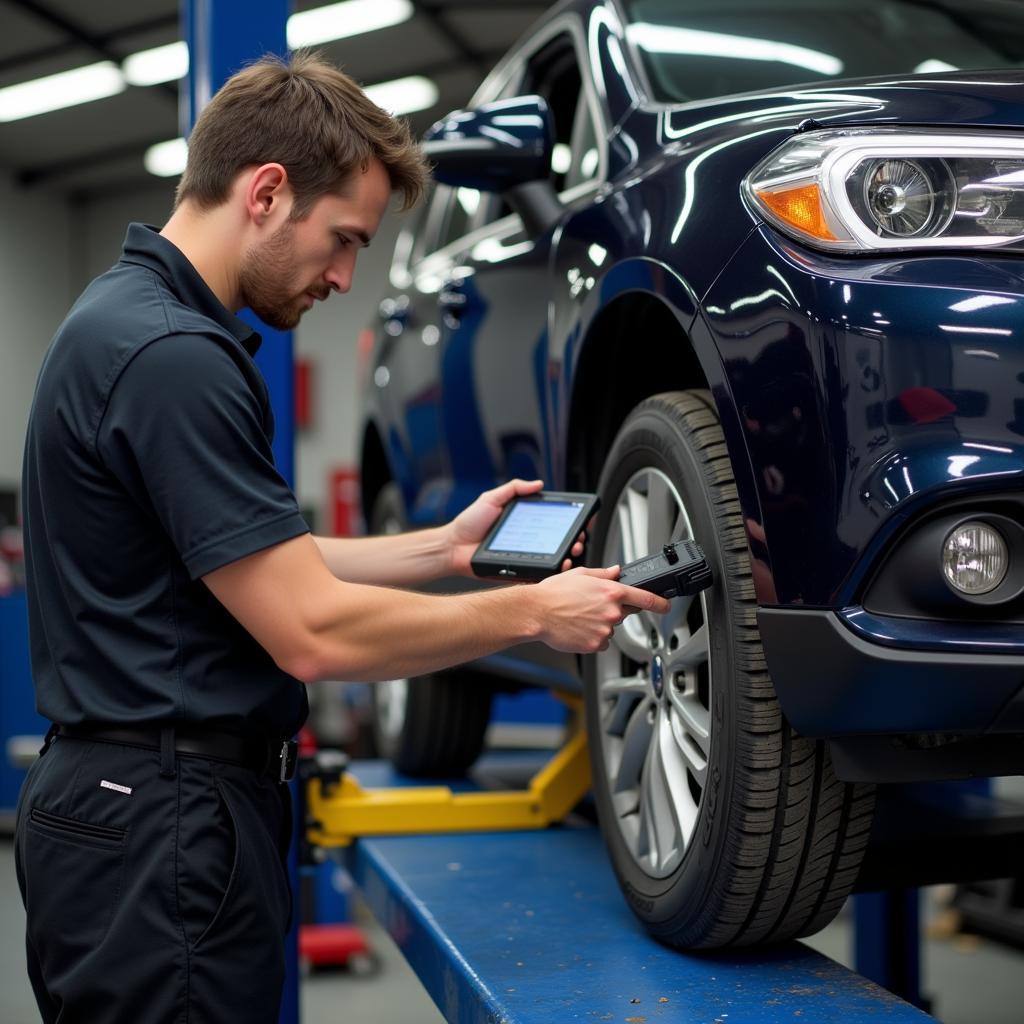 Mechanic using a diagnostic tool on a car