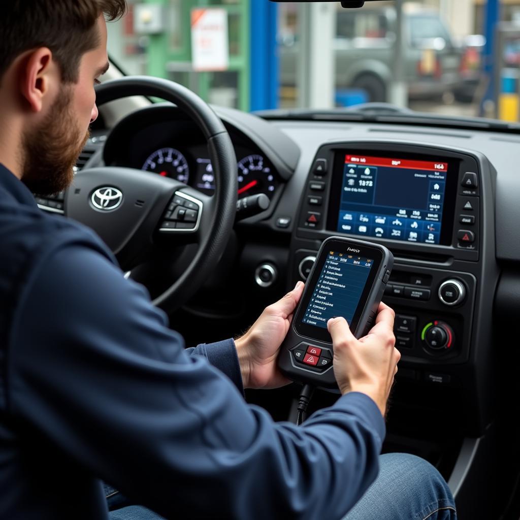 Mechanic Using a Diagnostic Engineering Tool on a Car