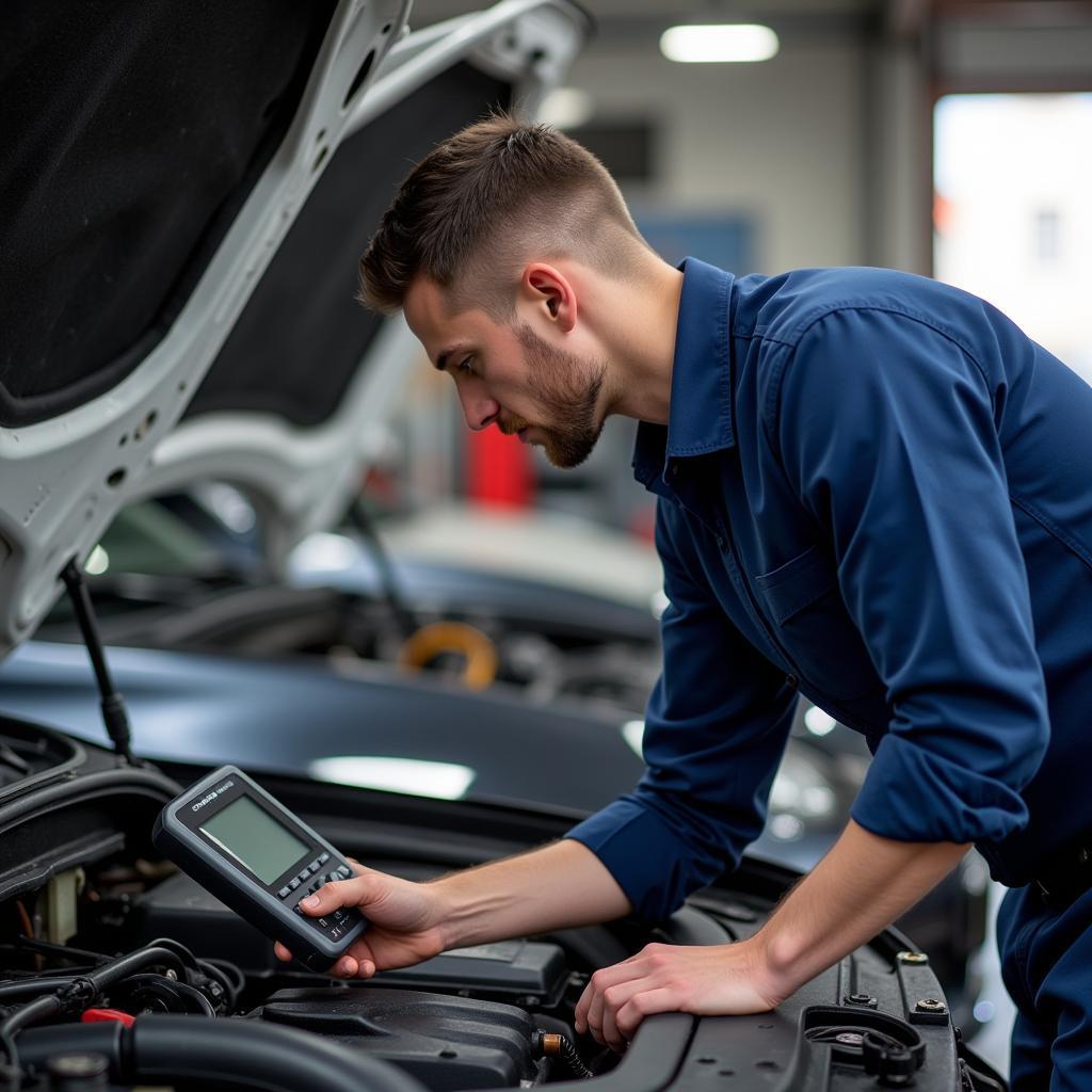 Mechanic Diagnosing Car with a Scan Tool