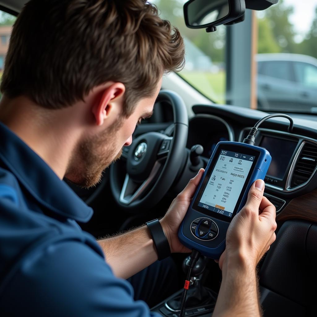 Mechanic Using Diagnostic Tool on Car