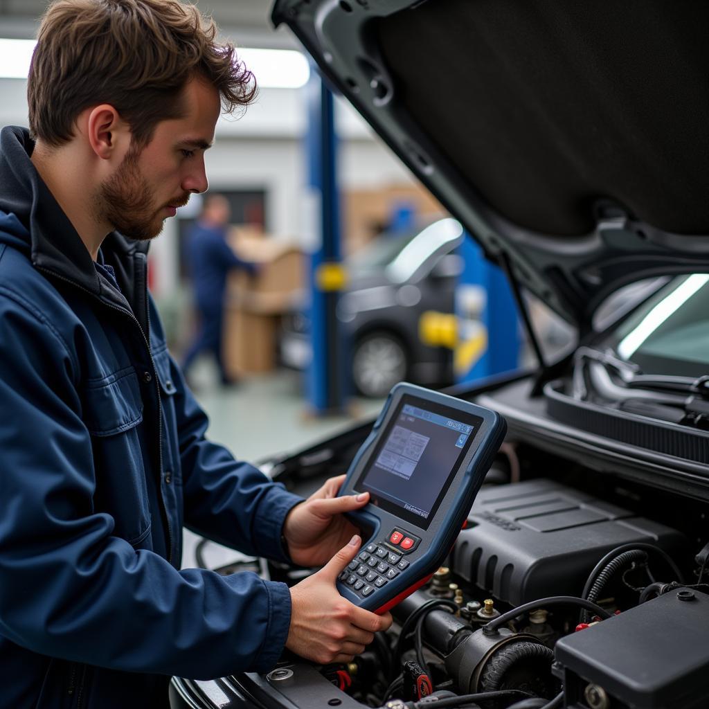 Mechanic Using a Diagnostic Tool to Troubleshoot a Car's Engine