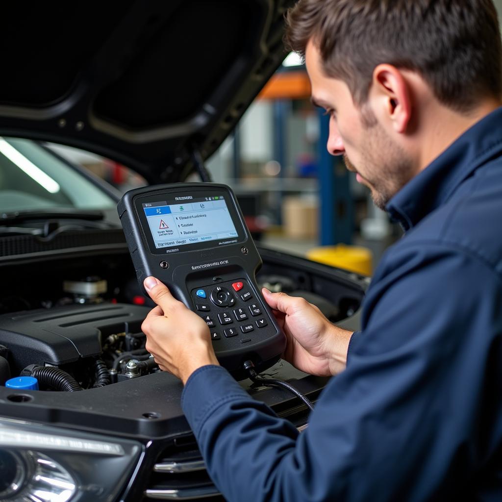 Mechanic Using a Diagnostic Tool on a Car Engine