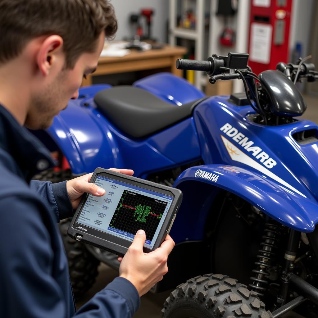 Mechanic Using a Diagnostic Tool on a Yamaha ATV