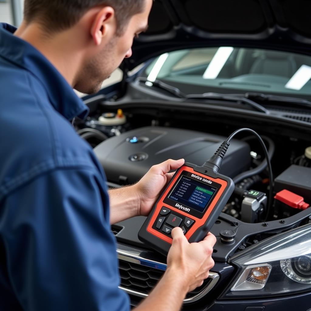 Mechanic Using Diagnostic Tool to Troubleshoot Car