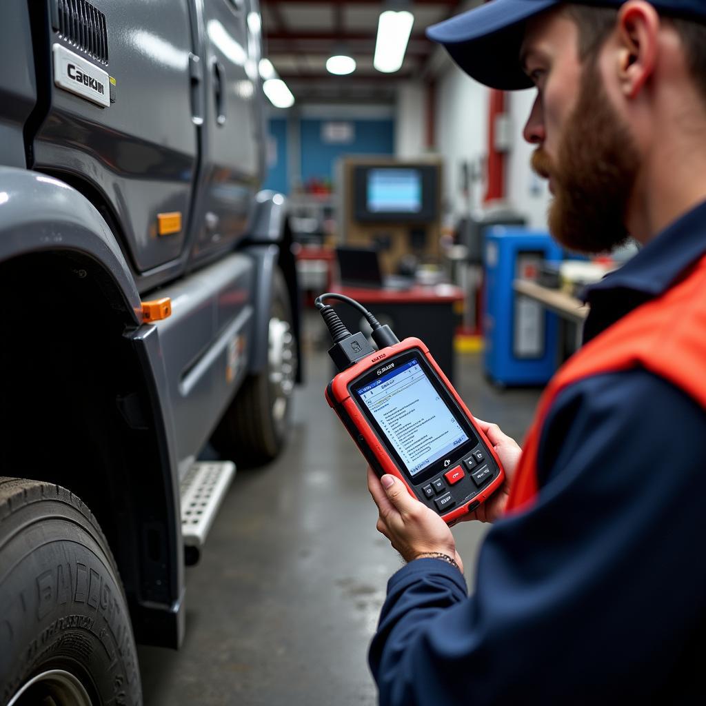 Mechanic using diesel scan tool on truck