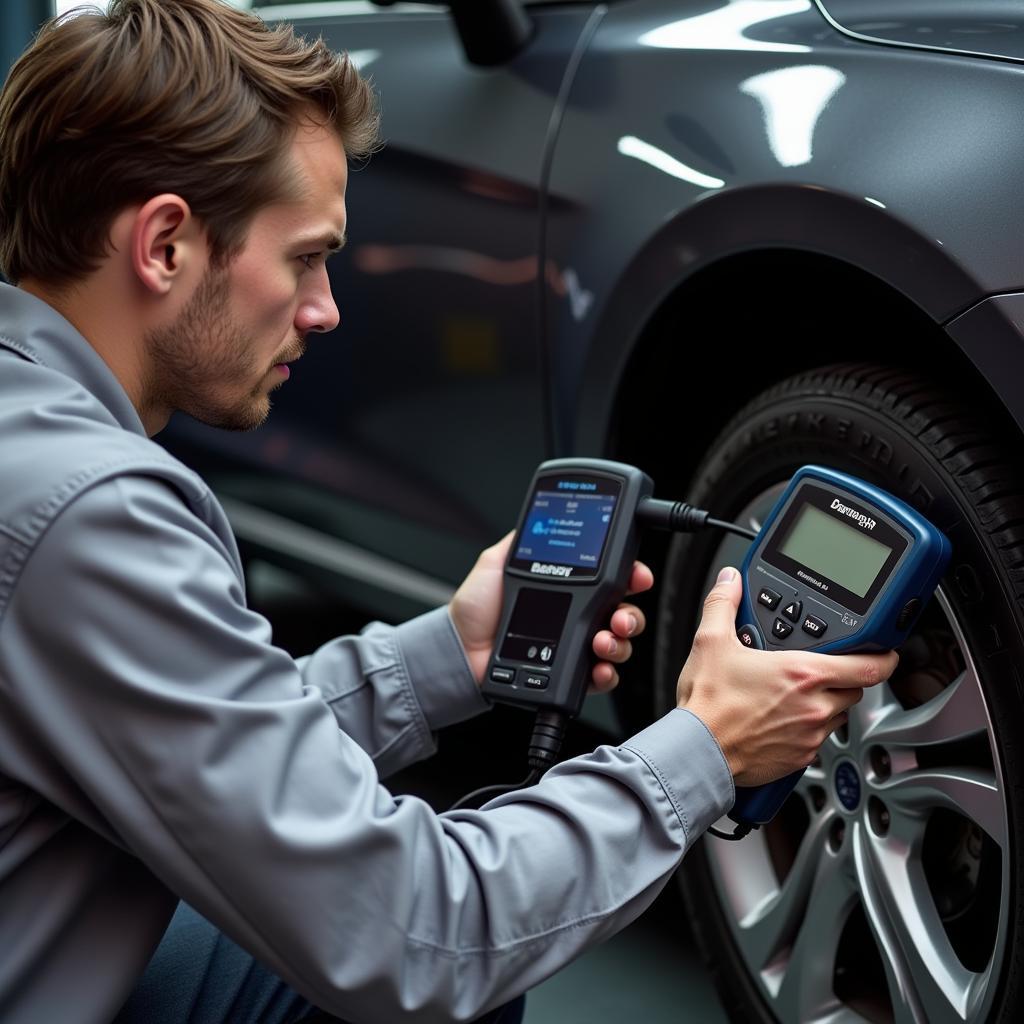 A mechanic using a disk diagnostic tool to troubleshoot a car problem