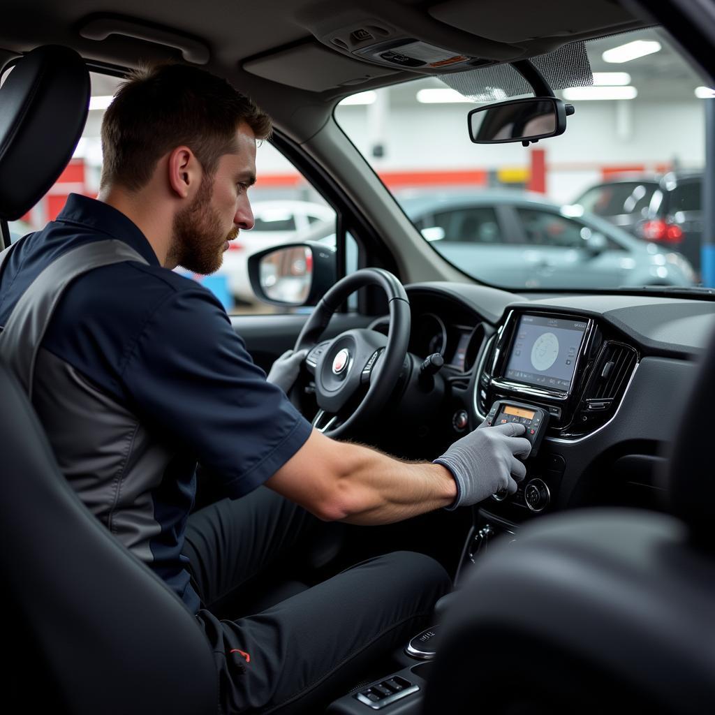 Mechanic Using Fiat Examiner to Diagnose Car Problem