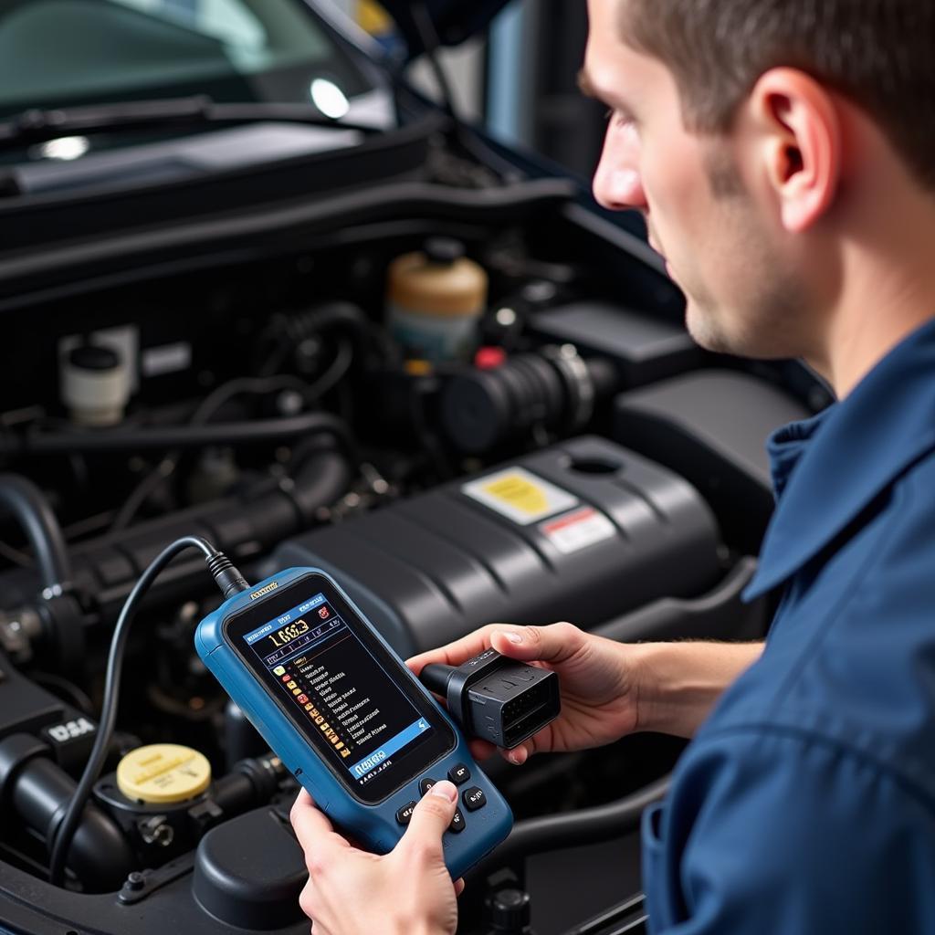 Mechanic using Foxwel scanner to diagnose a car