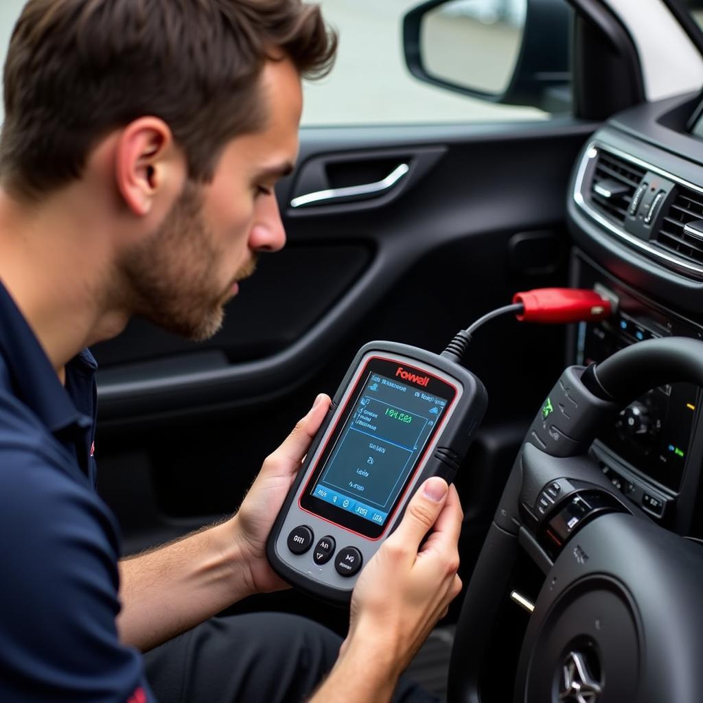 A mechanic is using a Foxwell 650 scanner to diagnose a car