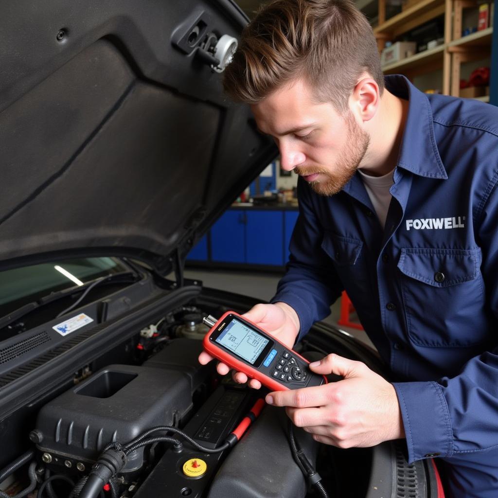 Mechanic using the Foxwell BT-705 to diagnose a car battery in a workshop.