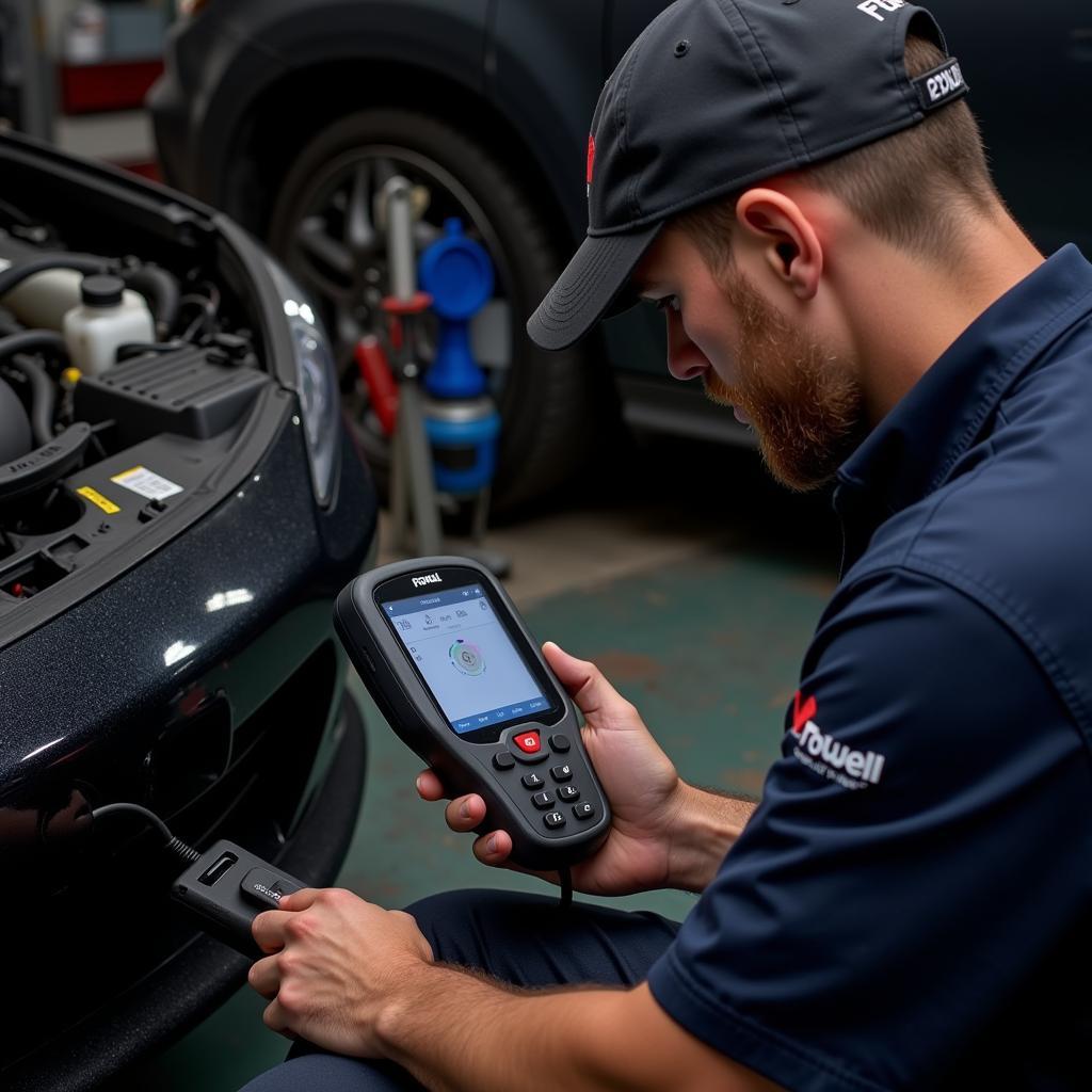 Mechanic Using a Foxwell Digital Scanner to Diagnose a Car Problem