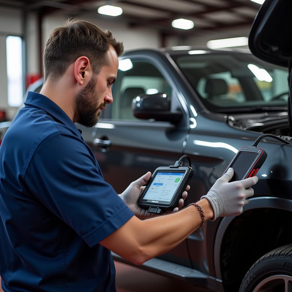 Mechanic Using Foxwell GT80 Mini in Workshop