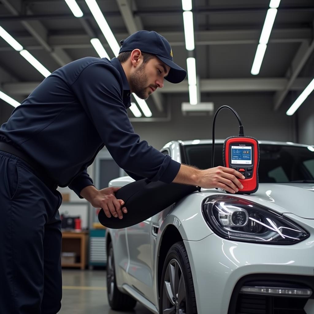 Mechanic Using Foxwell GT80 Mini in a Workshop