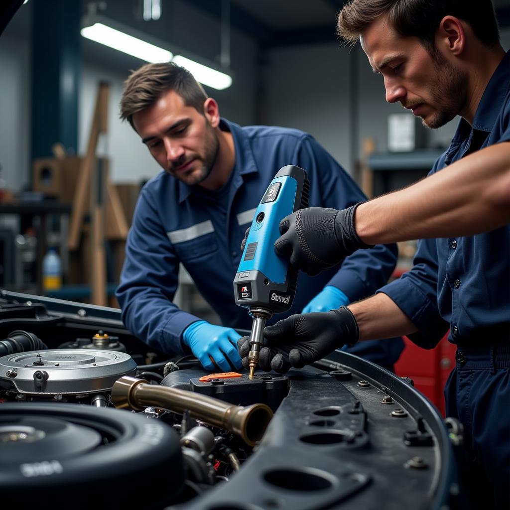 Mechanic Using Foxwell GT90 in a Workshop